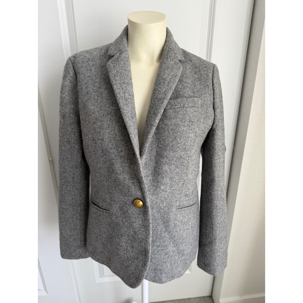J.Crew Campbell Blazer Gray Wool Herringbone Gold Crest Button Jacket Womens 8